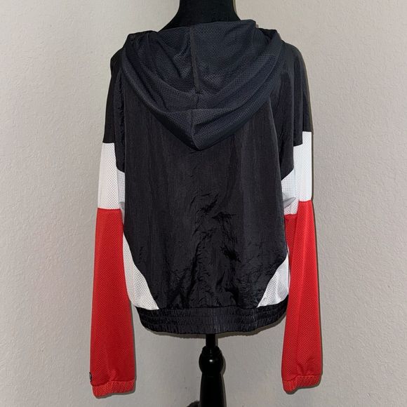 Champion Windbreaker Track Jacket Women's Large Red Black Kangaroo Pocket Hooded - Picture 2 of 10
